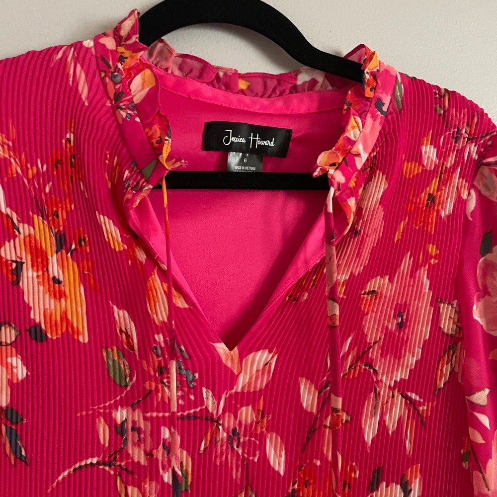 Jessica Howard Floral Mini Dress Womens 6 Pink Pleated Long Sleeve Boho Romantic